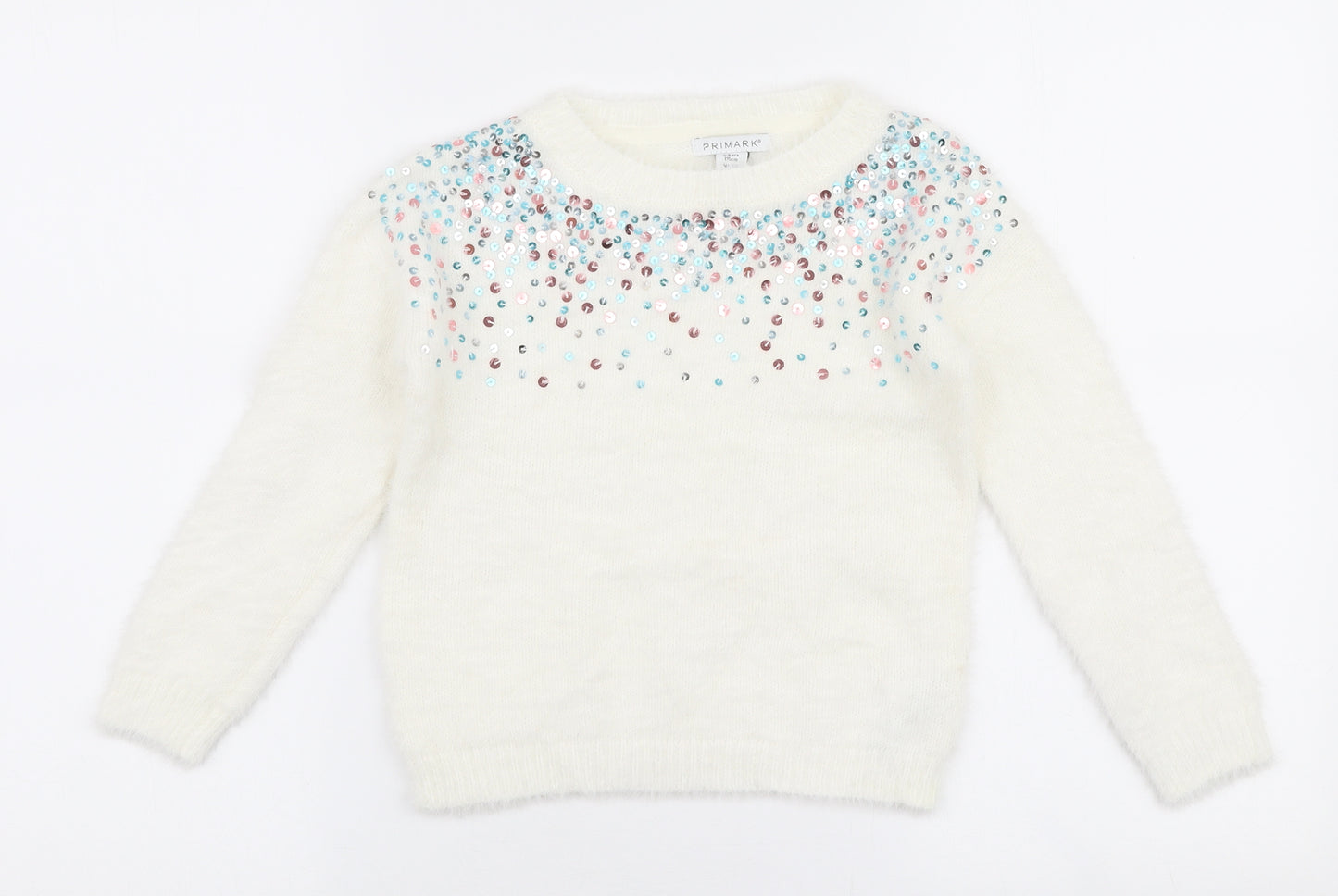 Primark Girls White Round Neck  Nylon Pullover Jumper Size 5-6 Years  Pullover