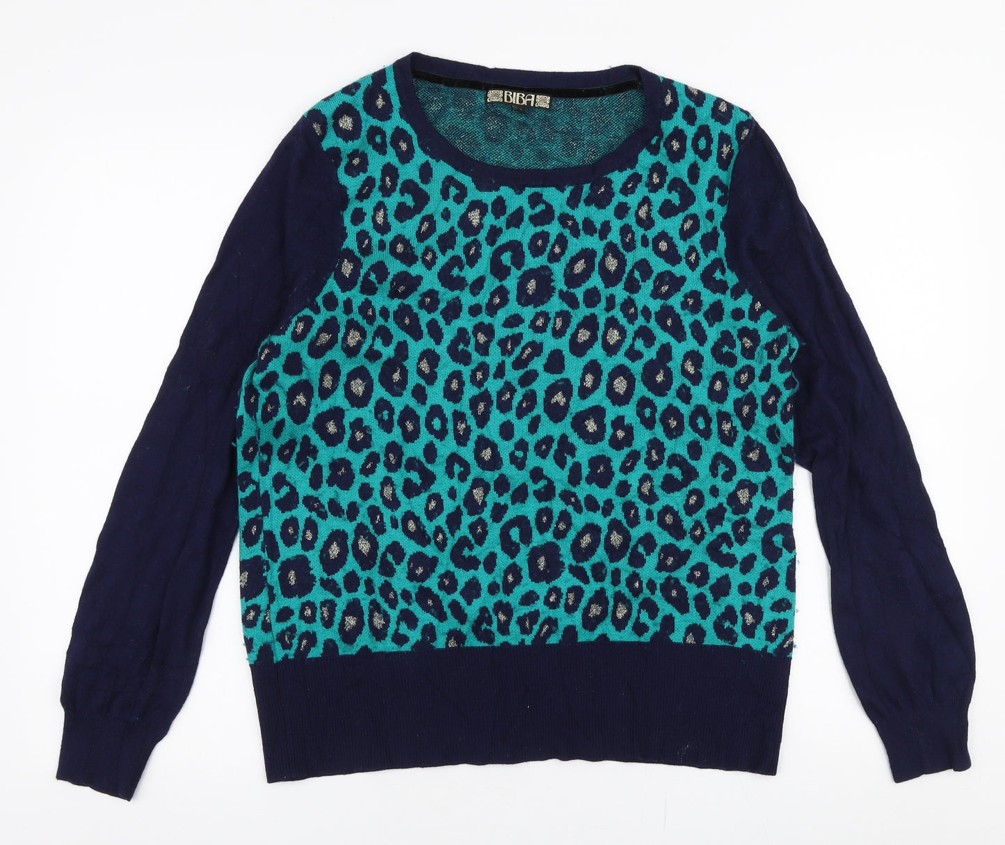 BiBA Womens Blue Round Neck Animal Print Nylon Pullover Jumper Size L