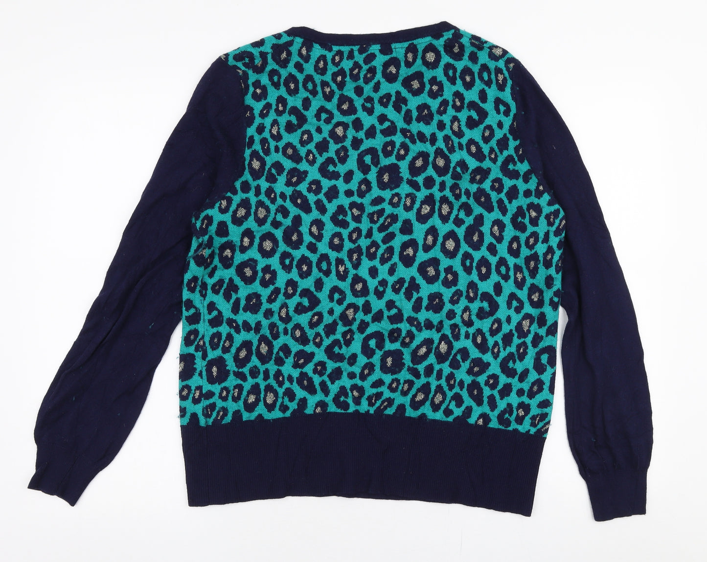BiBA Womens Blue Round Neck Animal Print Nylon Pullover Jumper Size L