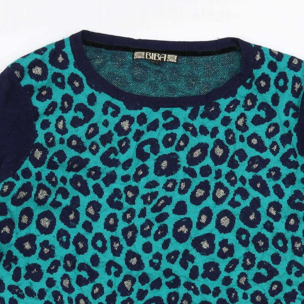 BiBA Womens Blue Round Neck Animal Print Nylon Pullover Jumper Size L