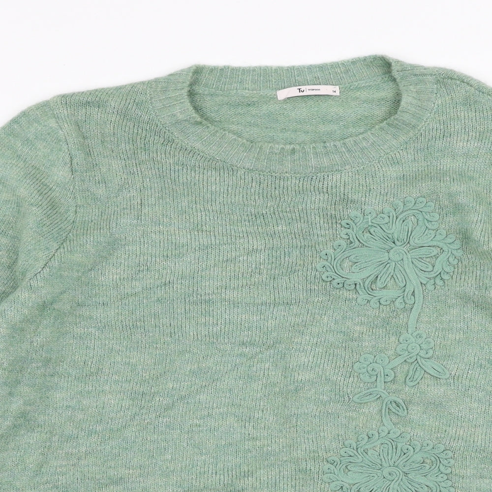 TU Womens Green Round Neck Floral Acrylic Pullover Jumper Size 14