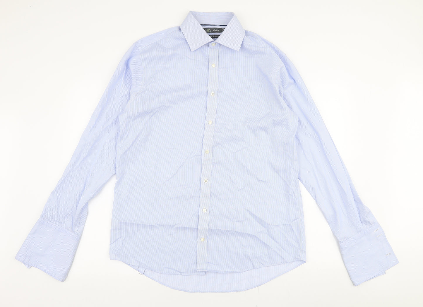 Marks and Spencer Mens Blue  Cotton  Dress Shirt Size 16 Collared Button