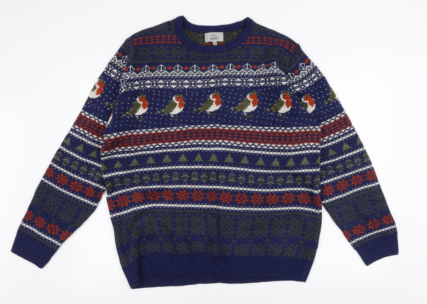 Marks and Spencer Mens Multicoloured Round Neck Fair Isle Acrylic Pullover Jumper Size XL   - Robins Christmas