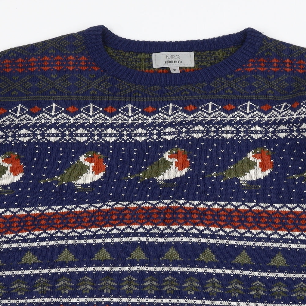 Marks and Spencer Mens Multicoloured Round Neck Fair Isle Acrylic Pullover Jumper Size XL   - Robins Christmas