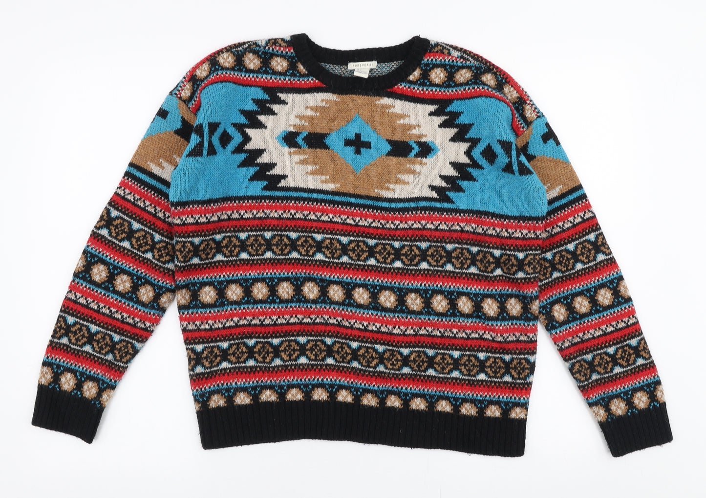 FOREVER 21 Womens Multicoloured Round Neck Fair Isle Acrylic Pullover Jumper Size L