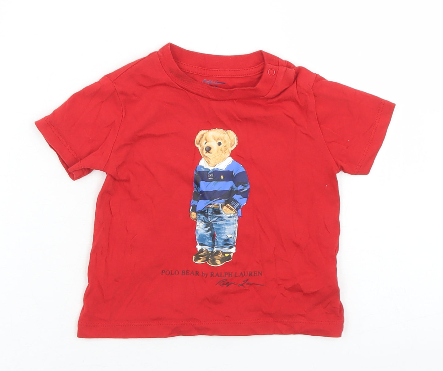 Ralph Lauren Boys Red  Cotton Basic T-Shirt Size 9-12 Months Crew Neck Snap - Polo Bear