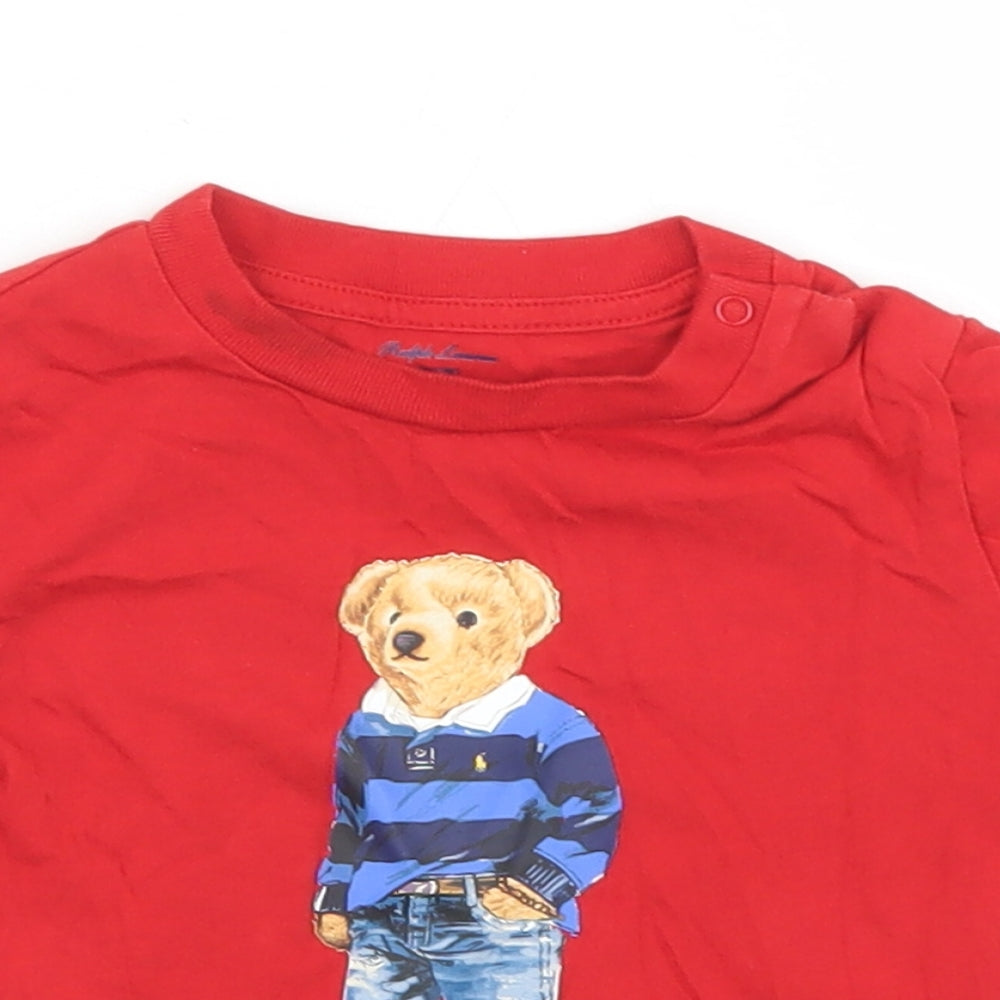 Ralph Lauren Boys Red  Cotton Basic T-Shirt Size 9-12 Months Crew Neck Snap - Polo Bear