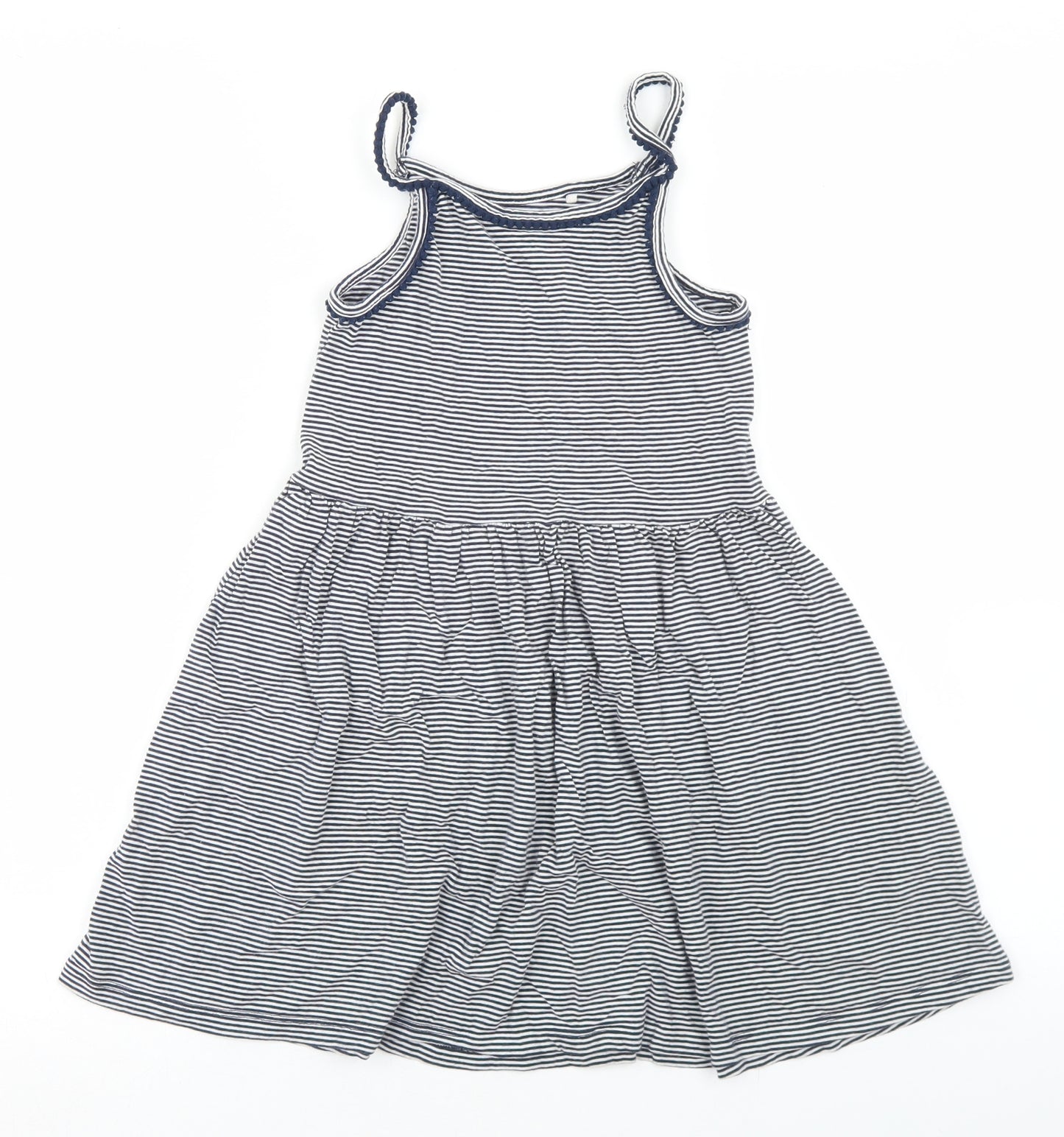 NEXT Girls Blue Striped Cotton Skater Dress  Size 7 Years  Square Neck