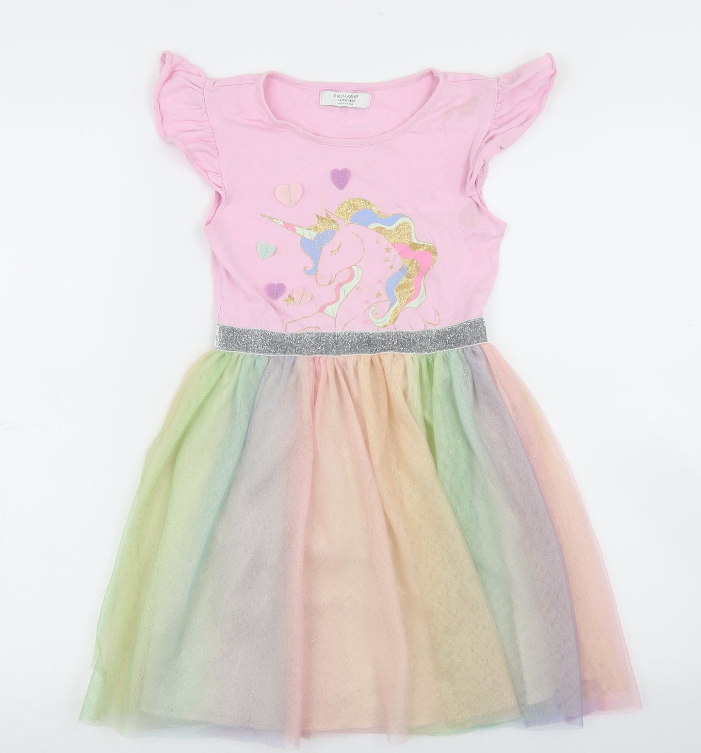 Primark Girls Multicoloured  Cotton Skater Dress  Size 7-8 Years  Round Neck  - Unicorn