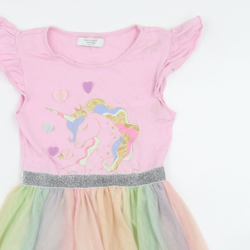 Primark Girls Multicoloured  Cotton Skater Dress  Size 7-8 Years  Round Neck  - Unicorn