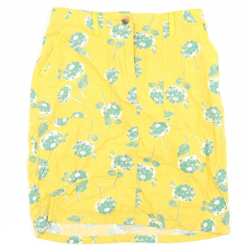 NEXT Womens Yellow Floral Linen Straight & Pencil Skirt Size 6   Button