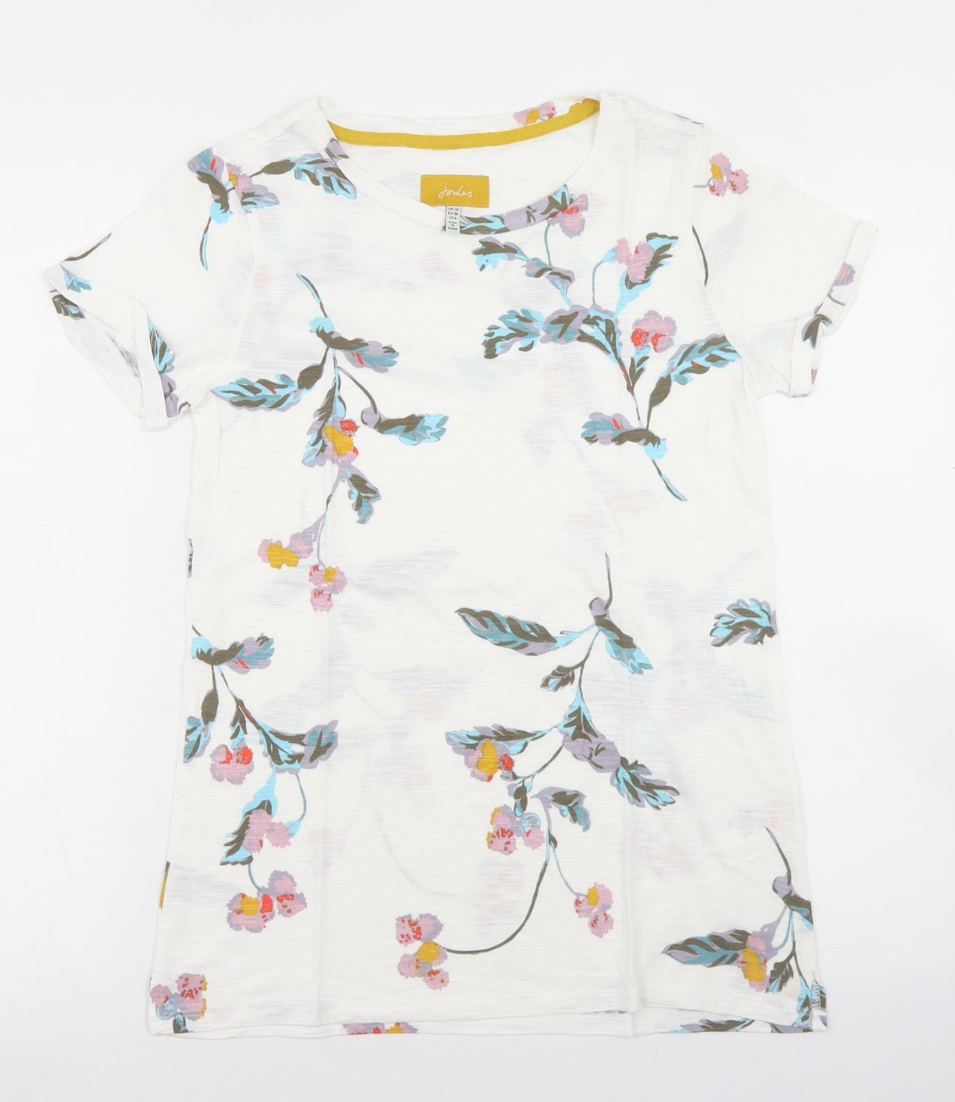 Joules Womens White Floral Cotton Basic T-Shirt Size 10 Round Neck