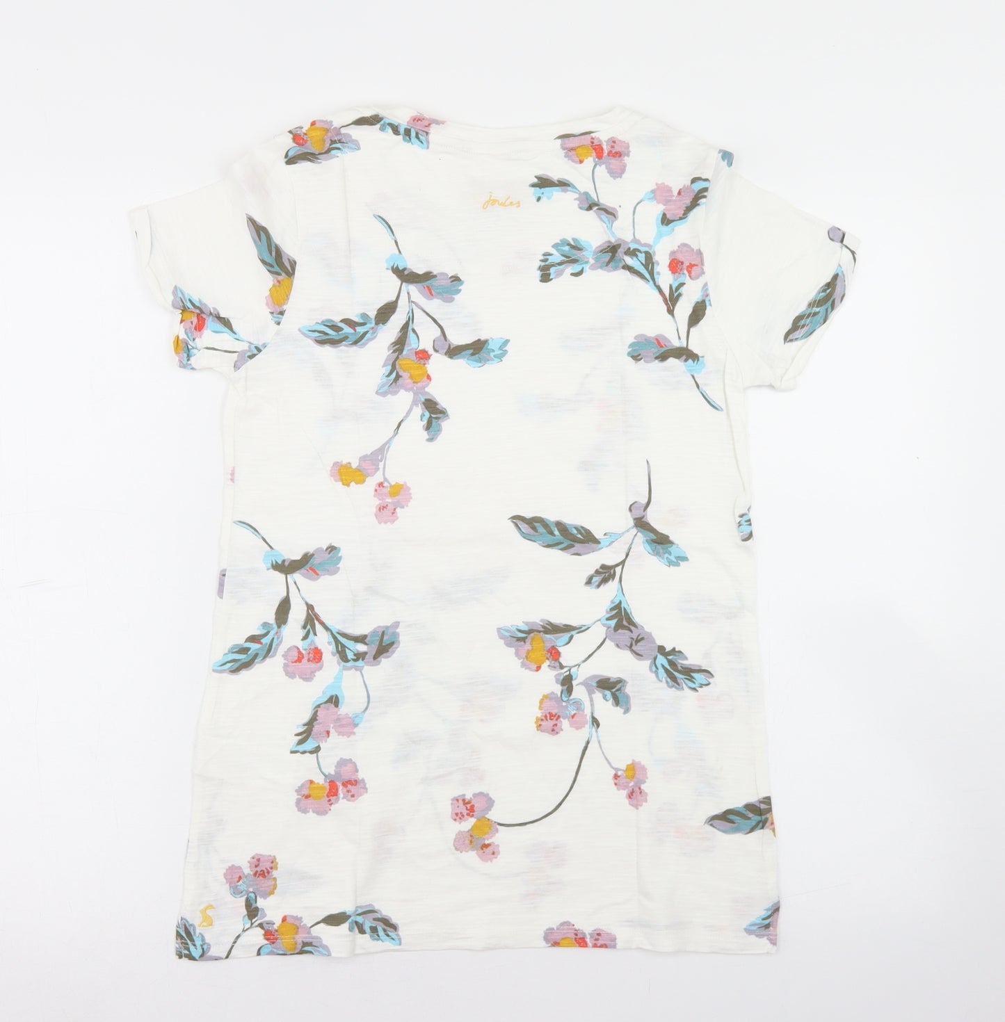 Joules Womens White Floral Cotton Basic T-Shirt Size 10 Round Neck