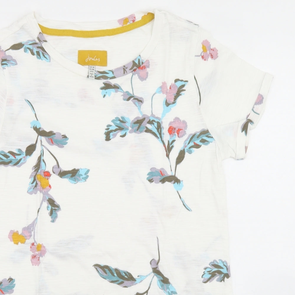 Joules Womens White Floral Cotton Basic T-Shirt Size 10 Round Neck