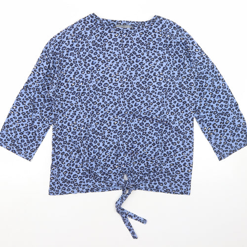 Principles Womens Blue Animal Print Cotton Basic T-Shirt Size 10 Round Neck - Tie Front