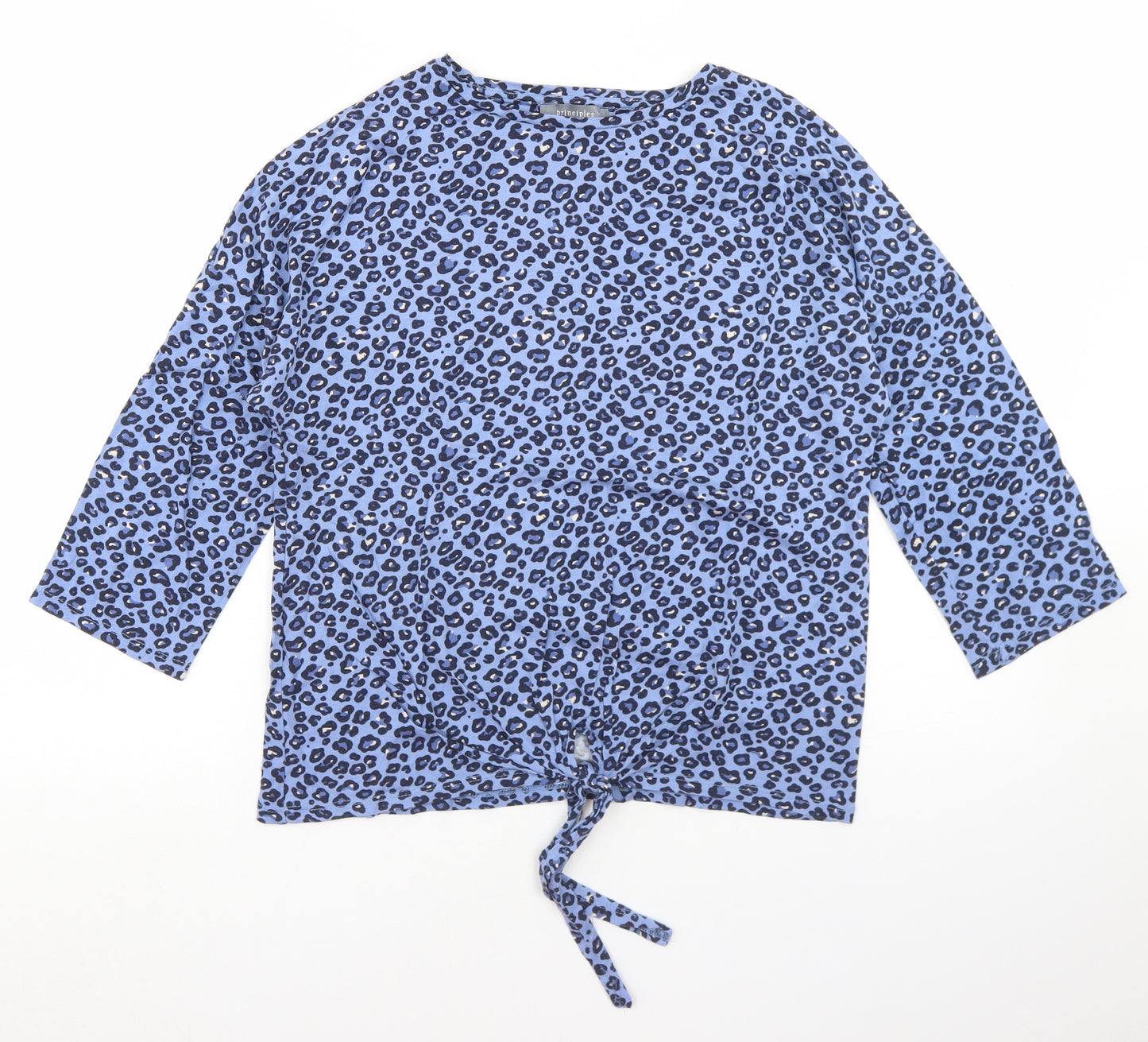 Principles Womens Blue Animal Print Cotton Basic T-Shirt Size 10 Round Neck - Tie Front