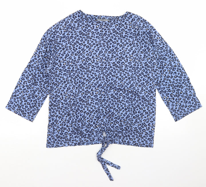 Principles Womens Blue Animal Print Cotton Basic T-Shirt Size 10 Round Neck - Tie Front