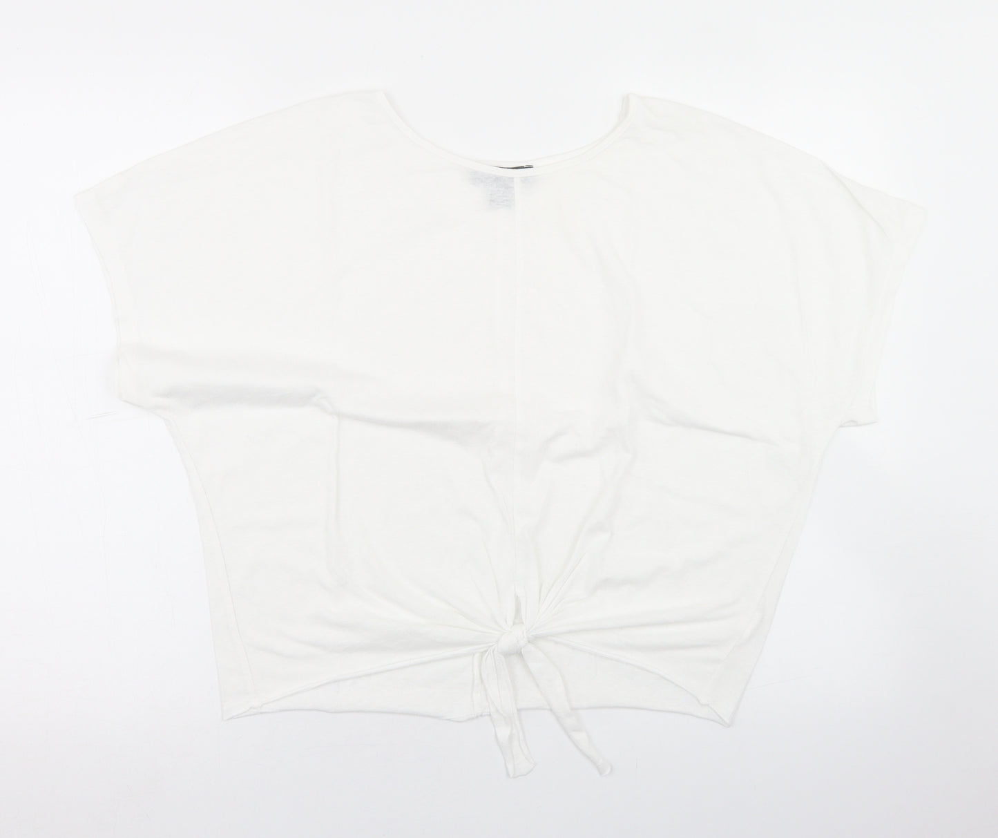 Primark Womens White  Polyester Cropped T-Shirt Size XS Round Neck - Tie Front