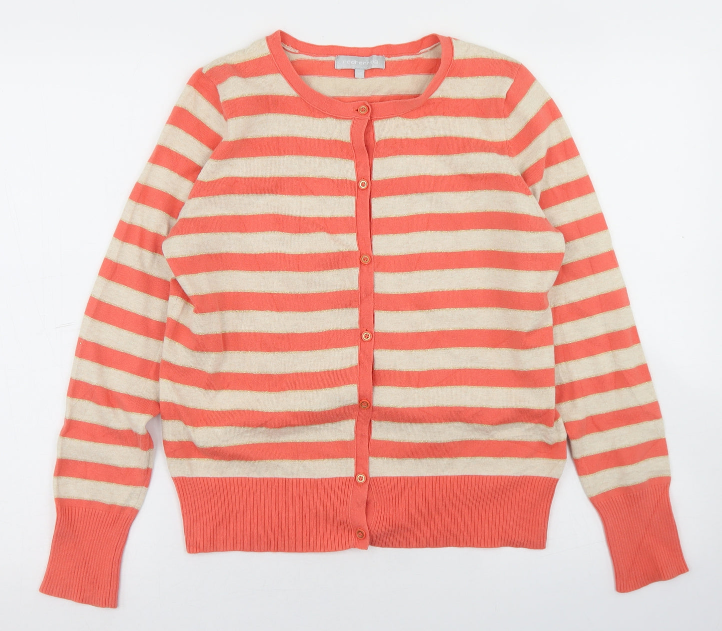 Redherring Womens Multicoloured Crew Neck Striped Cotton Cardigan Jumper Size 14