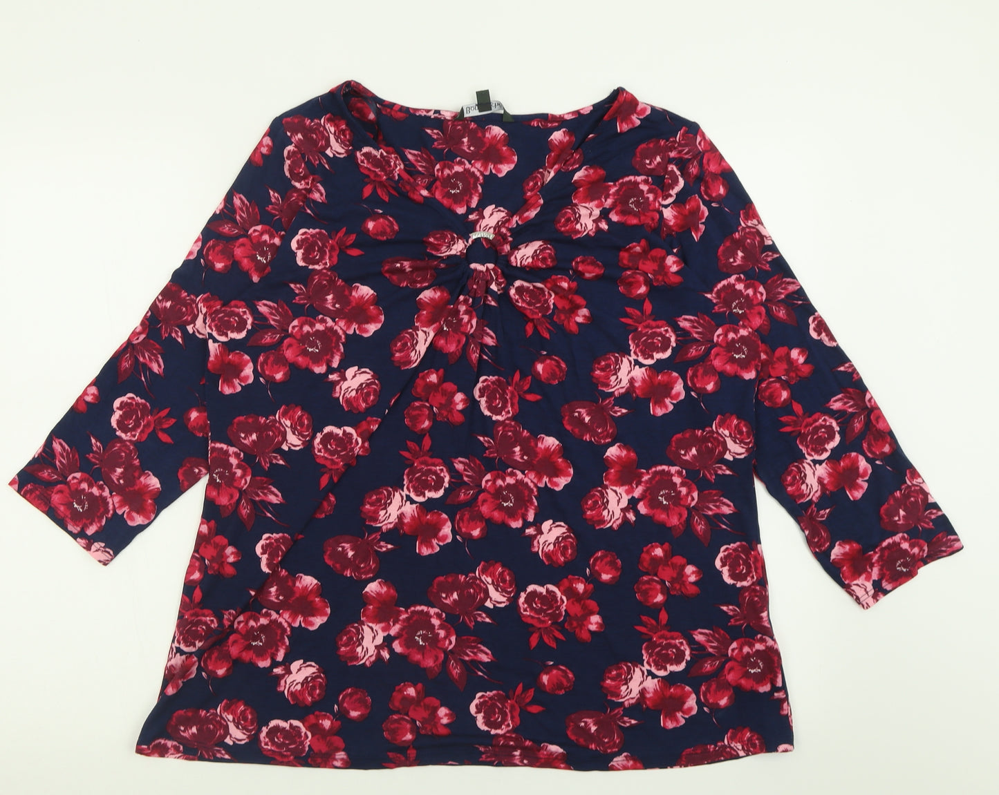bonmarch Womens Blue Floral Viscose Basic T-Shirt Size 18 V-Neck