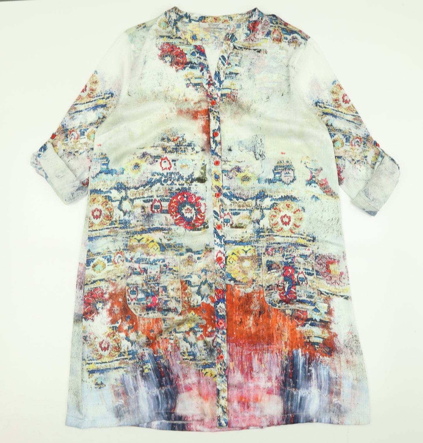 Missy Womens Multicoloured Geometric Polyester A-Line  Size L  V-Neck Button