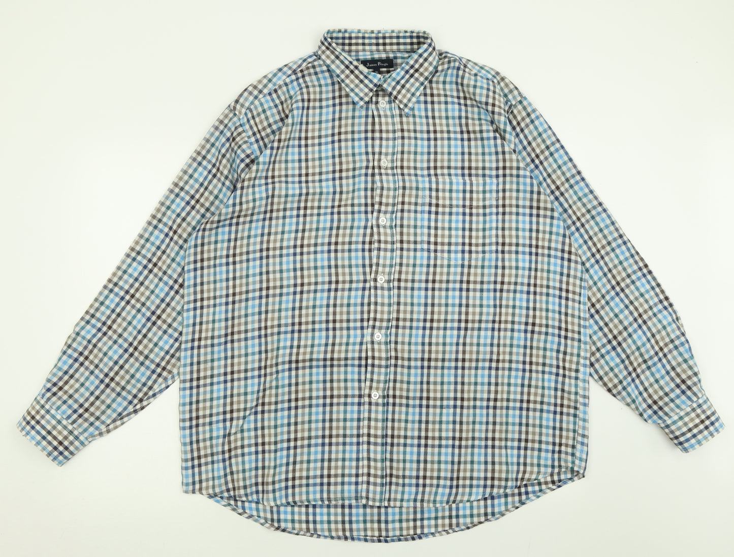James pringle  Mens Blue Plaid Polyester  Button-Up Size XL Collared Button