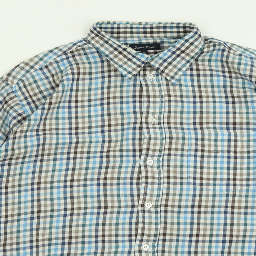 James pringle  Mens Blue Plaid Polyester  Button-Up Size XL Collared Button