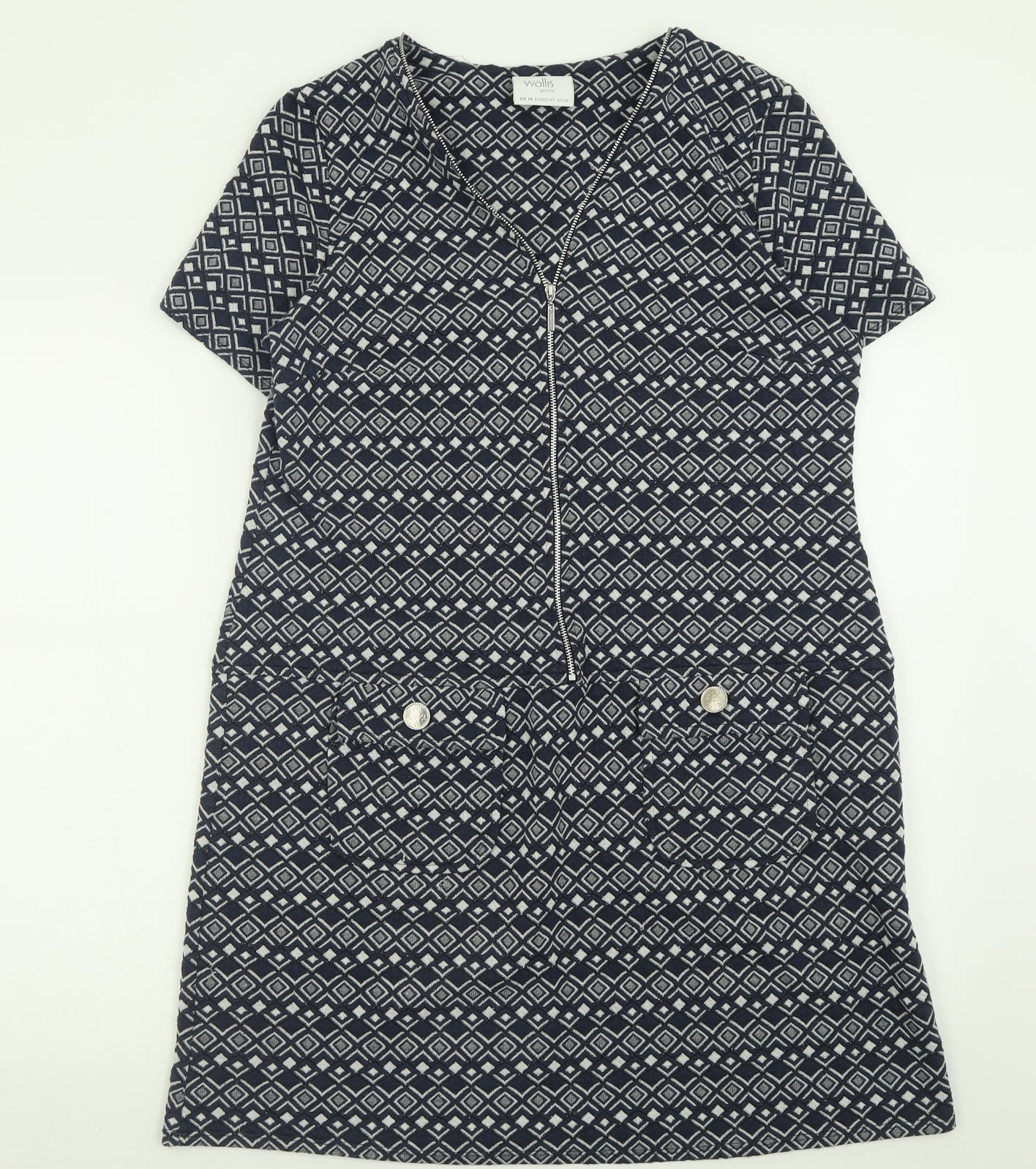 Wallis Womens Blue Argyle/Diamond Polyester A-Line  Size 14  V-Neck Zip
