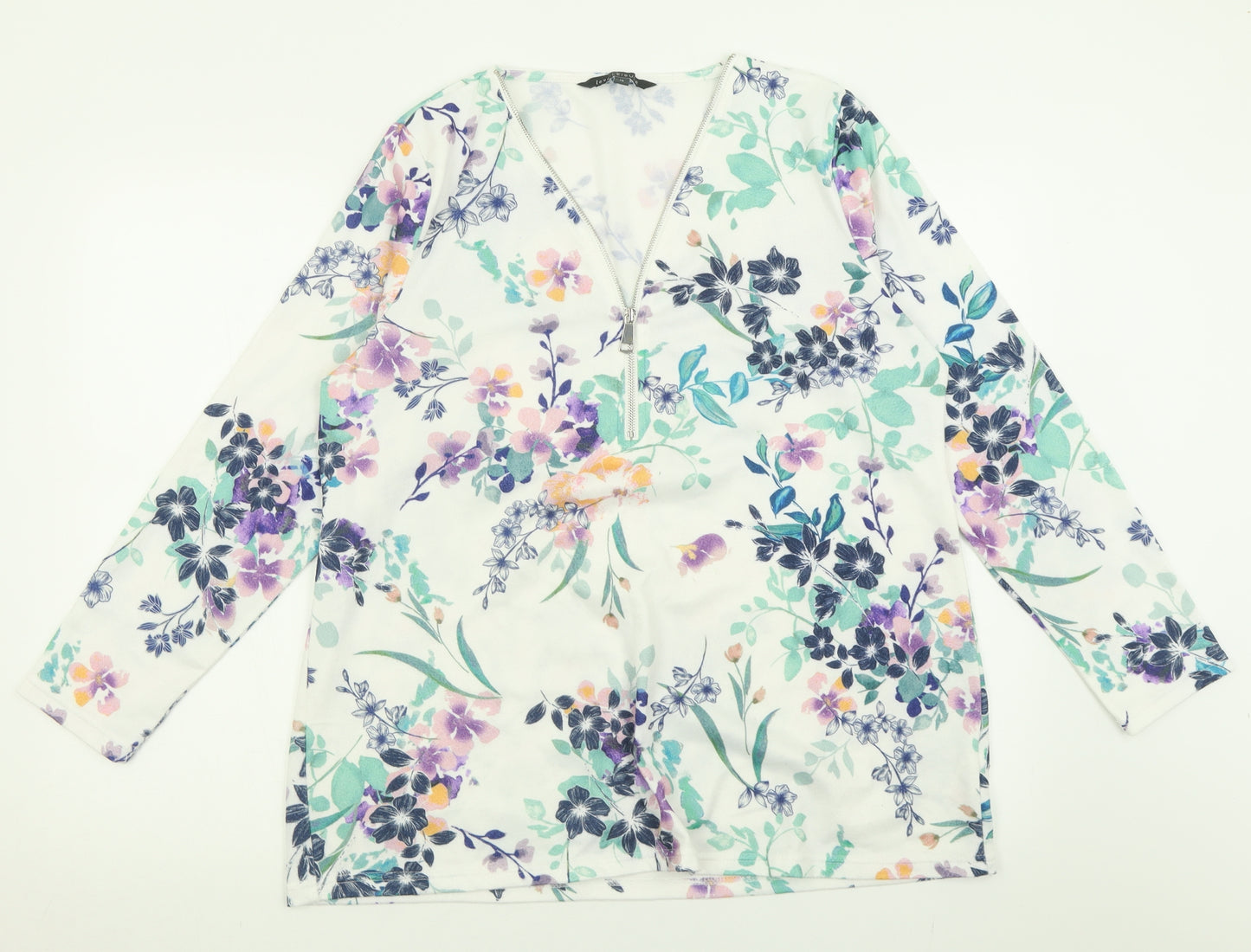 Love Leisure Womens White Floral Polyester Basic T-Shirt Size 18 V-Neck