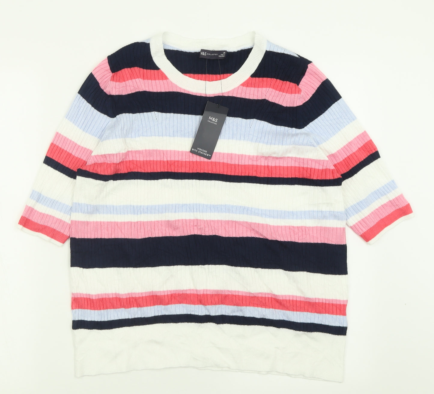 Marks and Spencer Womens Pink Crew Neck Striped Viscose Pullover Jumper Size 20
