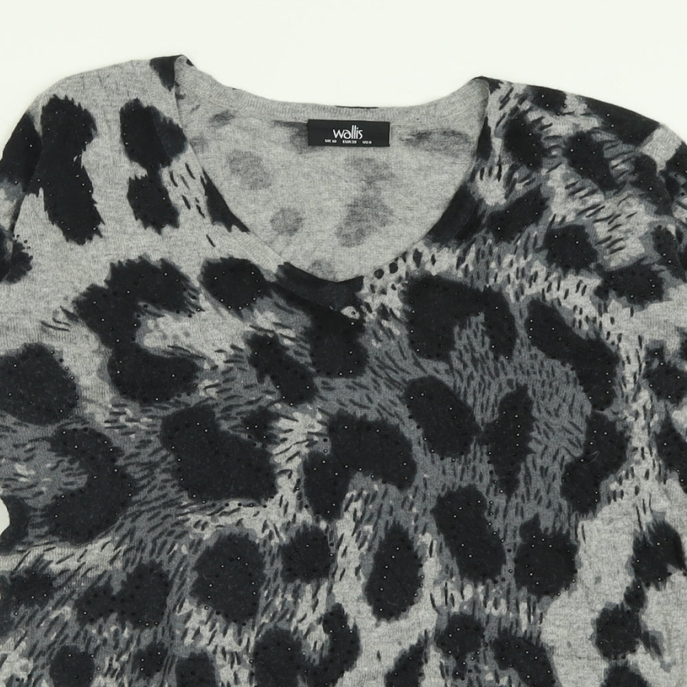 Wallis Womens Grey V-Neck Animal Print Viscose Pullover Jumper Size 10