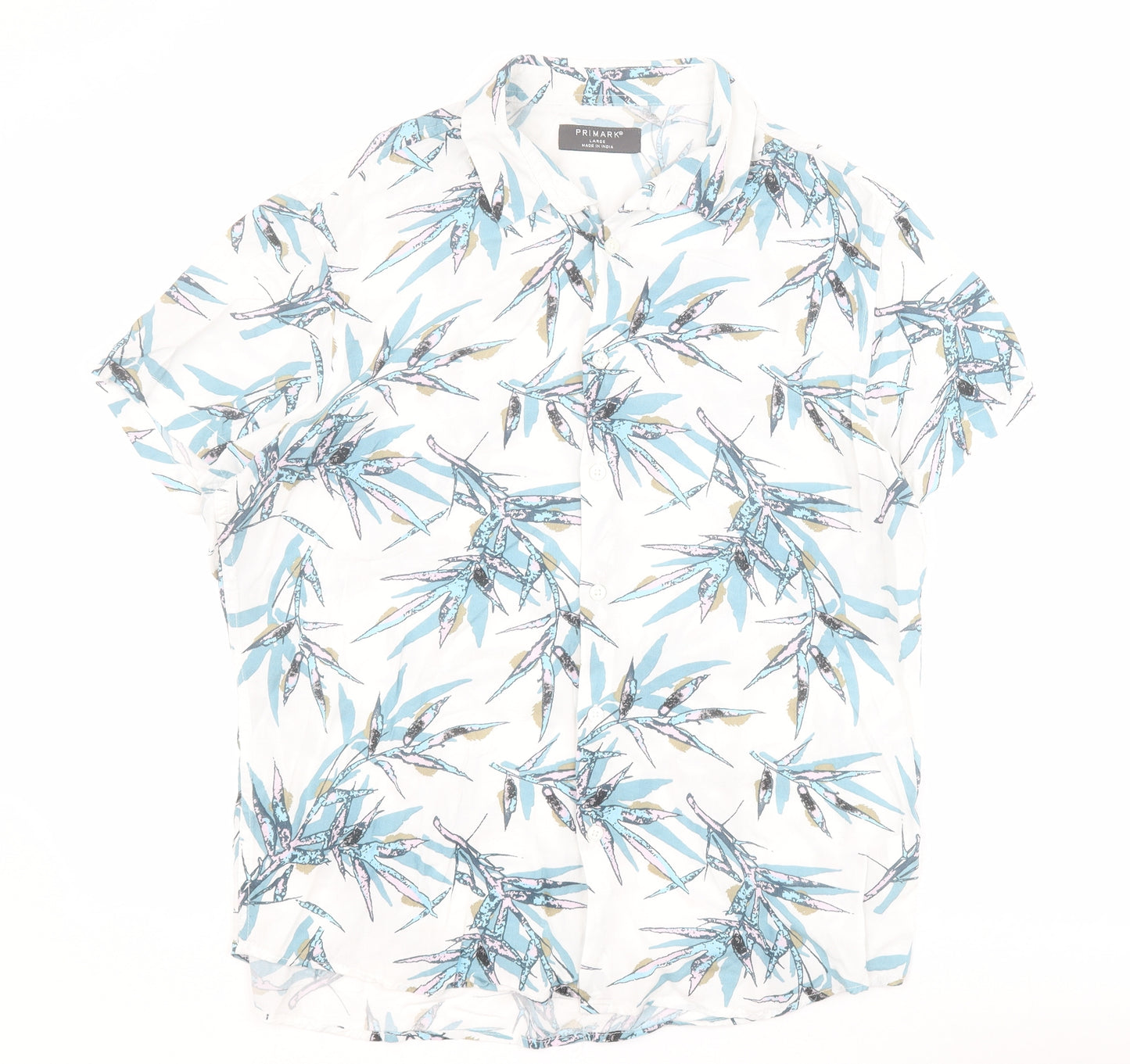 Primark Mens White  Viscose  Button-Up Size L Collared Button - Leaf print