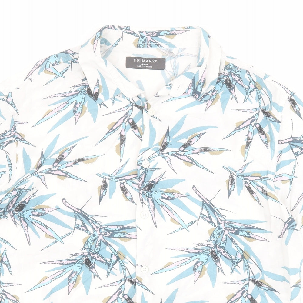 Primark Mens White  Viscose  Button-Up Size L Collared Button - Leaf print