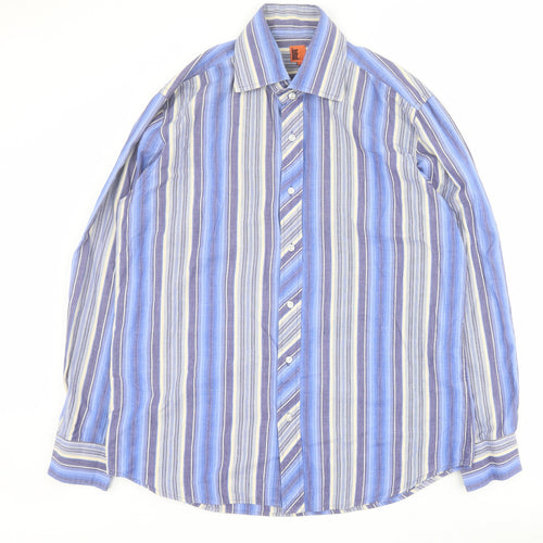 2 Die 4 Mens Blue Striped Cotton  Button-Up Size L Collared Button