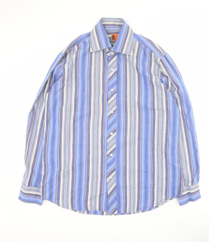 2 Die 4 Mens Blue Striped Cotton  Button-Up Size L Collared Button