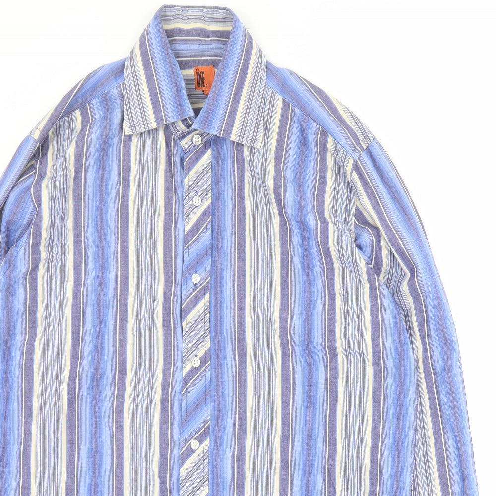 2 Die 4 Mens Blue Striped Cotton  Button-Up Size L Collared Button