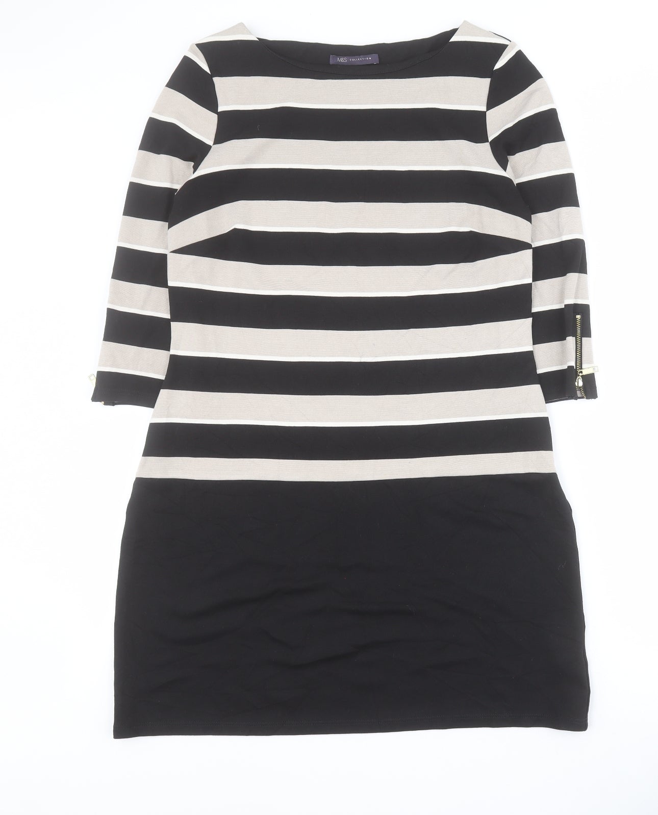 Marks and Spencer Womens Black Striped Viscose A-Line  Size 12  Round Neck Pullover
