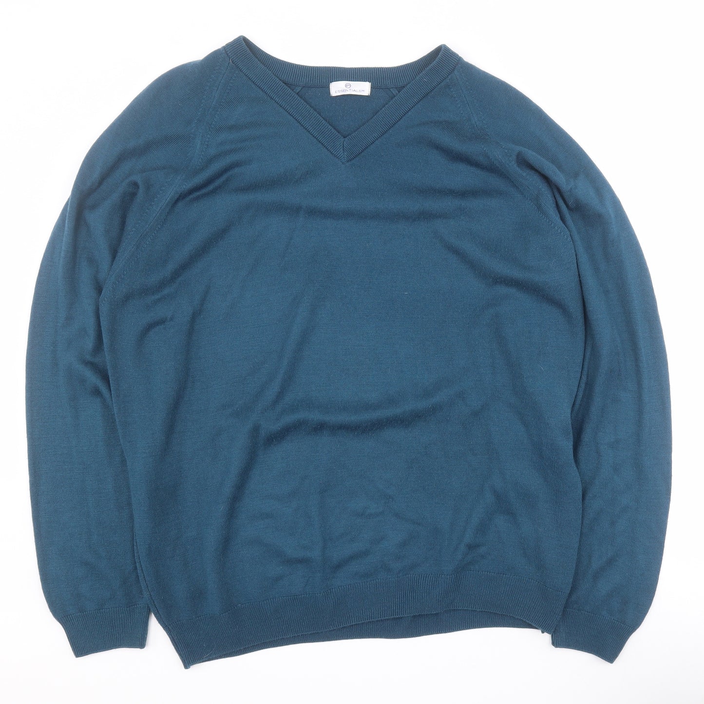 Essentials Mens Blue V-Neck  Acrylic Pullover Jumper Size L