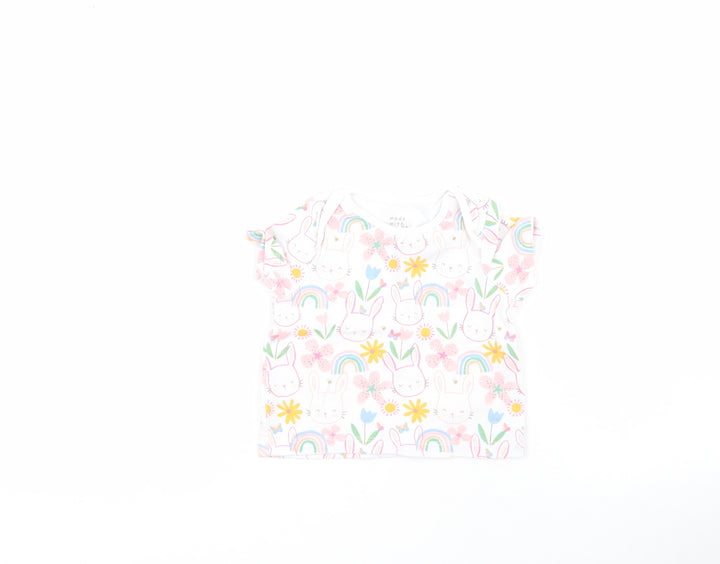 F&F Baby White Floral 100% Cotton Pullover T-Shirt Size 3-6 Months Round Neck Pullover - Rabbit