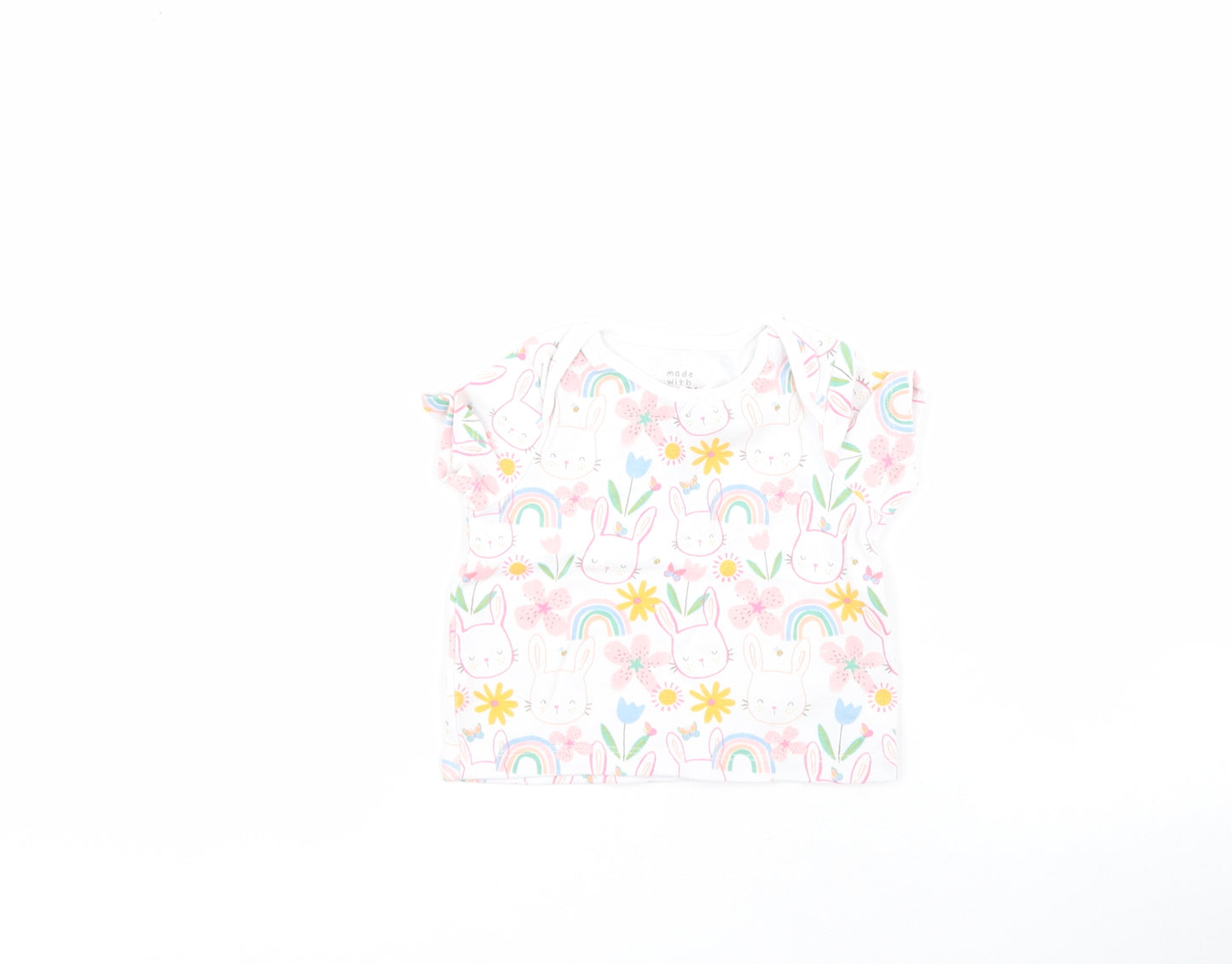 F&F Baby White Floral 100% Cotton Pullover T-Shirt Size 3-6 Months Round Neck Pullover - Rabbit