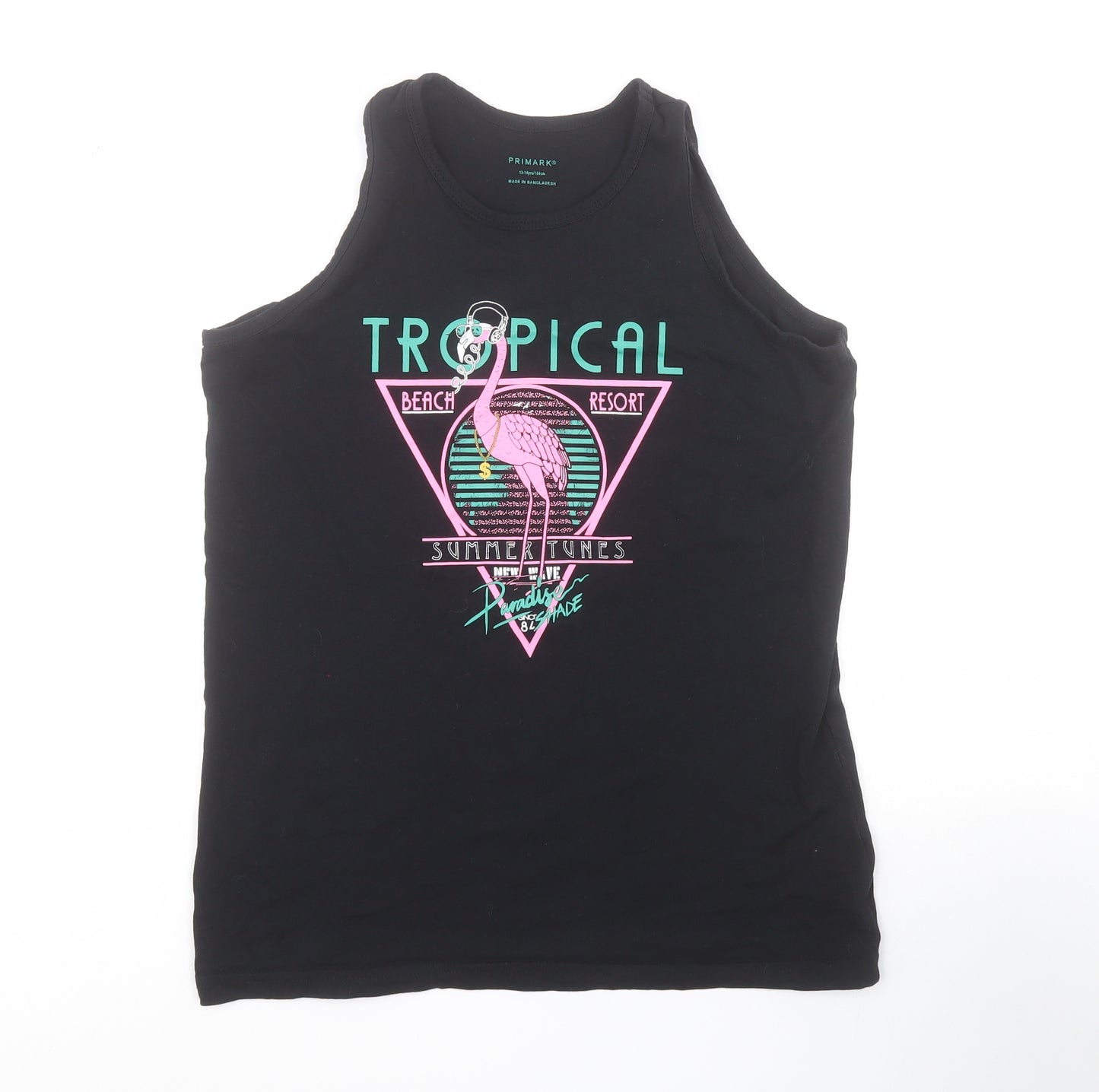Primark Boys Black  100% Cotton Basic Tank Size 13-14 Years Round Neck Pullover - Flamingo