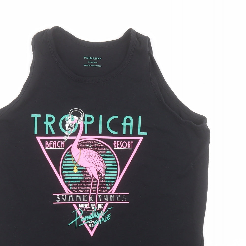 Primark Boys Black  100% Cotton Basic Tank Size 13-14 Years Round Neck Pullover - Flamingo