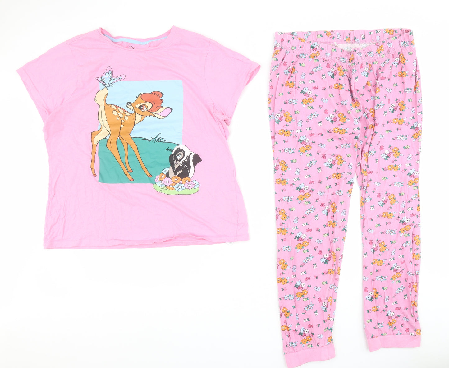 Primark Womens Pink Floral Cotton Top Pyjama Set Size L   - Bambi