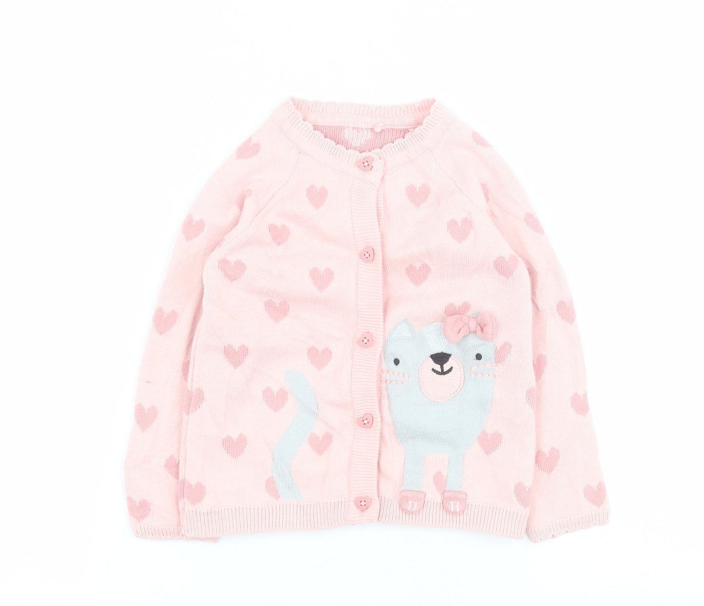 TU Baby Pink  100% Cotton Cardigan Jumper Size 9-12 Months  Button - Cat