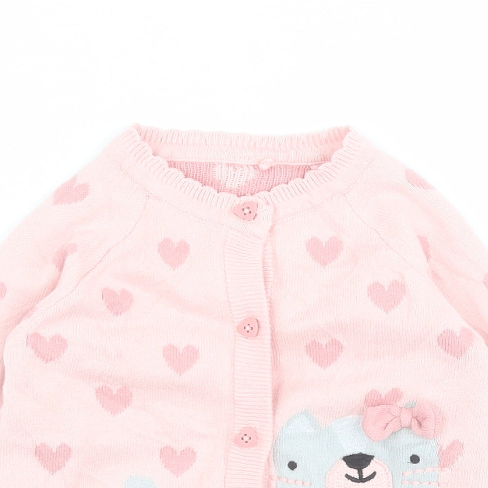 TU Baby Pink  100% Cotton Cardigan Jumper Size 9-12 Months  Button - Cat