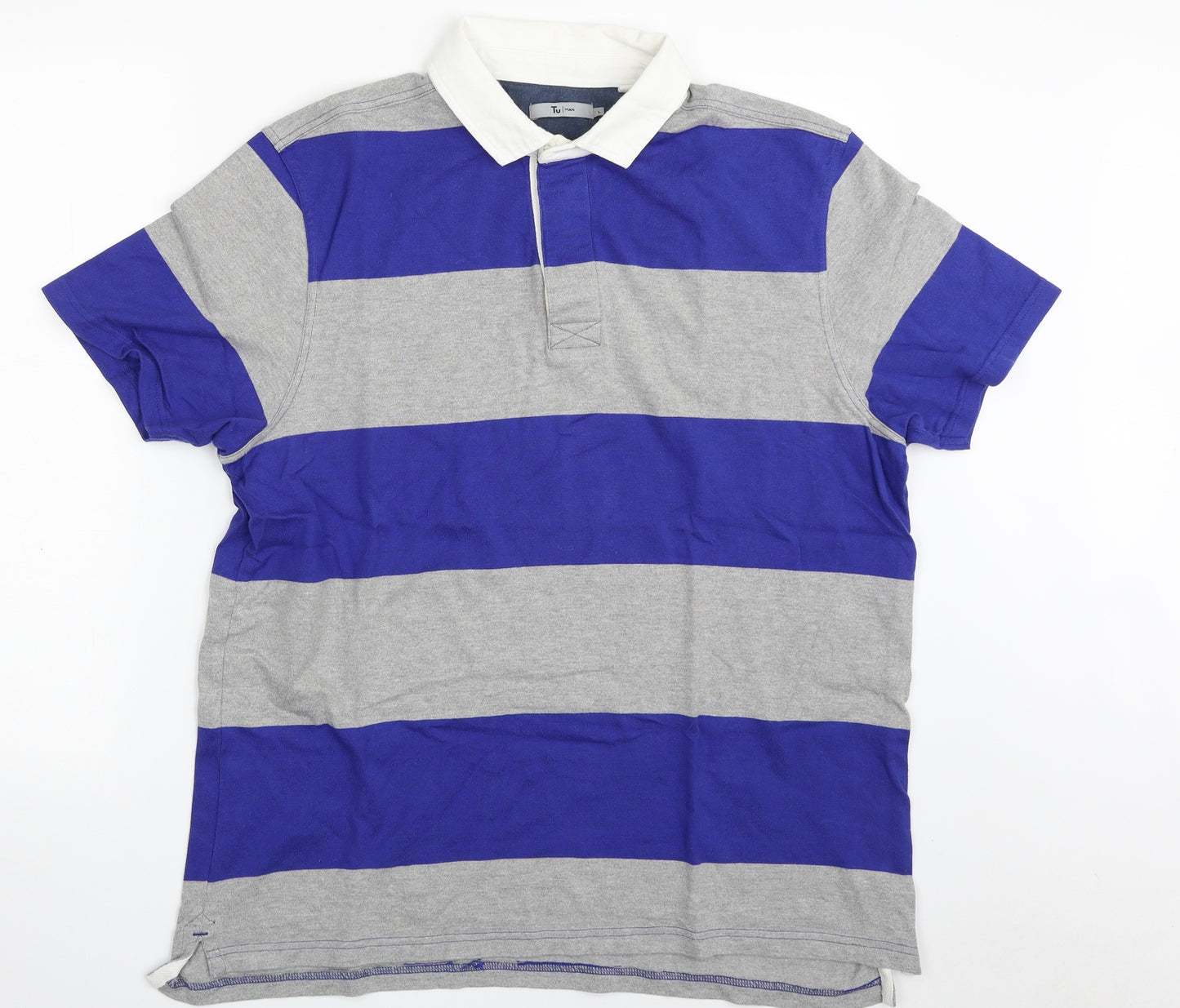 TU Mens Grey Colourblock Cotton  Polo Size L Collared Button