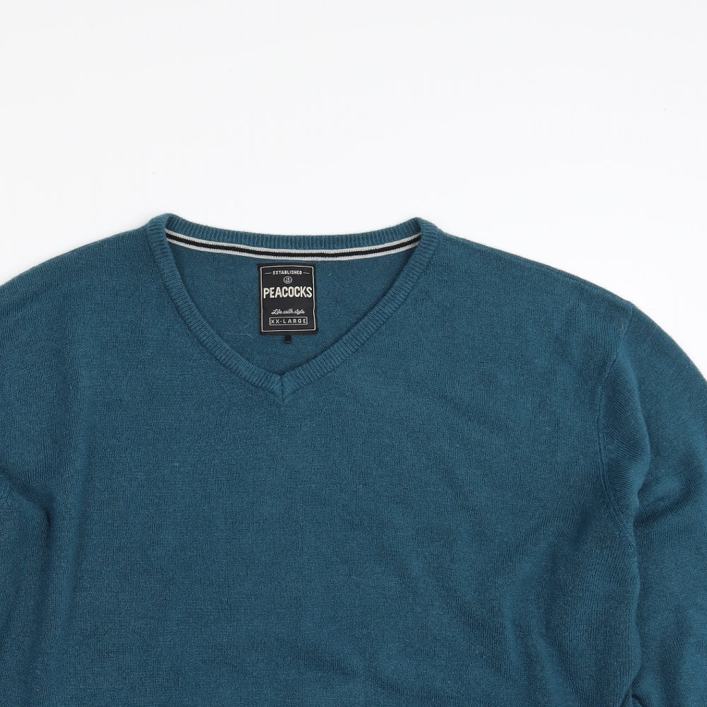 Peacocks Mens Blue V-Neck  Acrylic Pullover Jumper Size 2XL