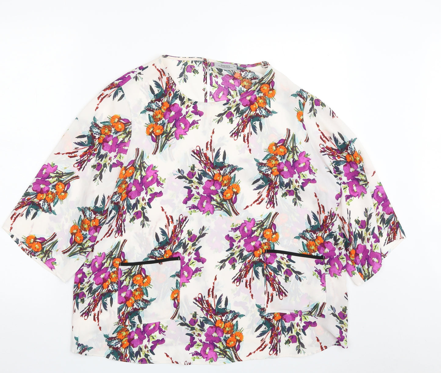 Papaya Womens White Floral Polyester Basic Blouse Size 16 Scoop Neck