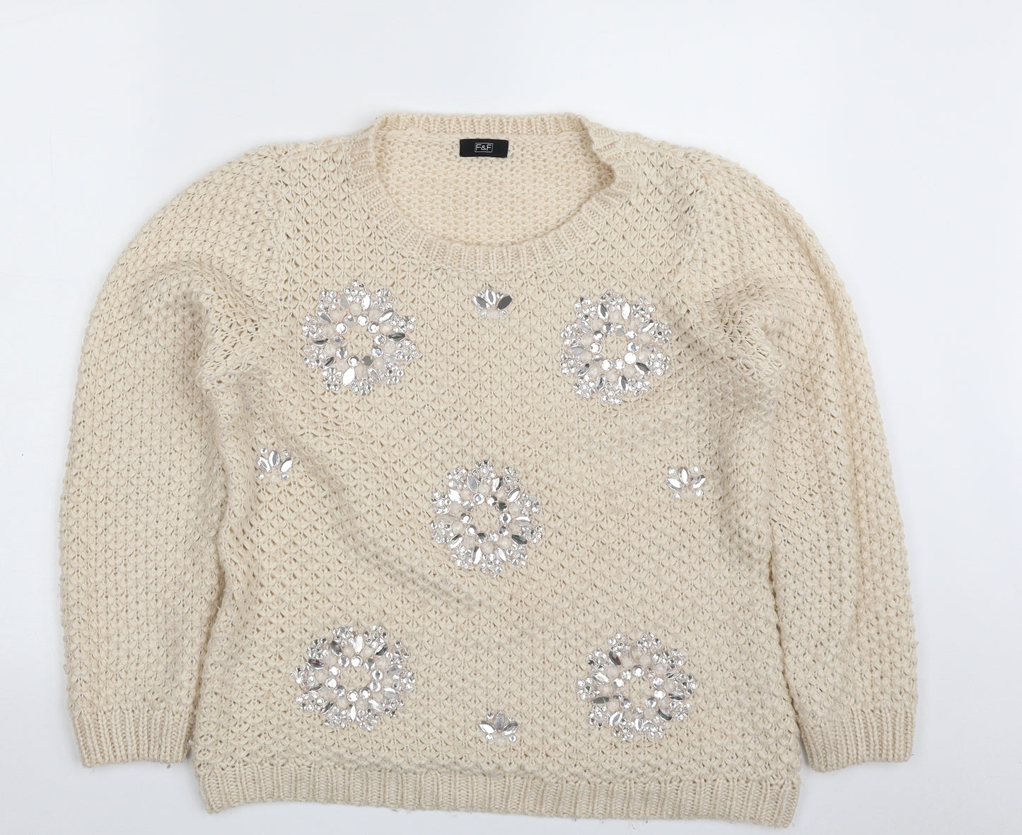F&F Womens Beige Scoop Neck  Acrylic Pullover Jumper Size 12