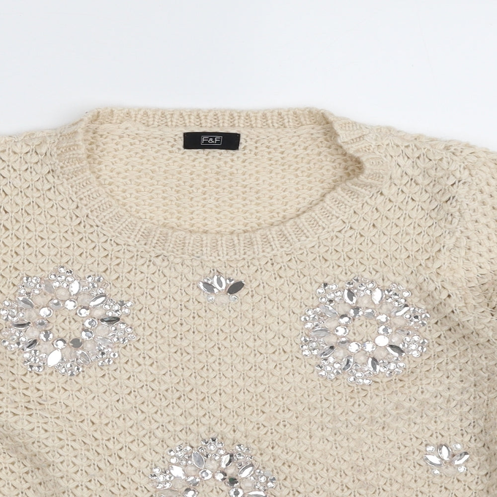 F&F Womens Beige Scoop Neck  Acrylic Pullover Jumper Size 12